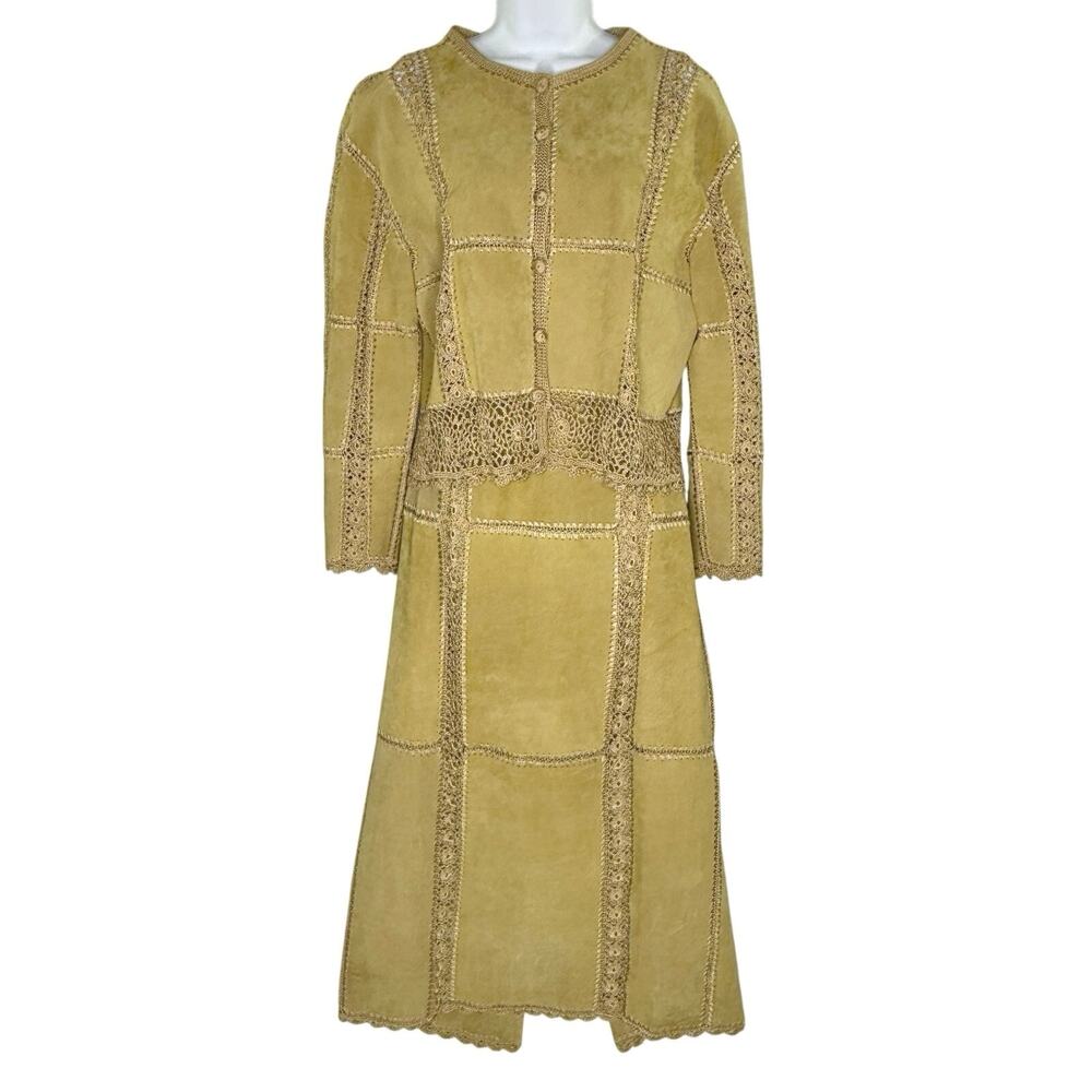 Vintage S.M.H Tan Leather Crochet Trim M 10 Jacket Skirt Set Western Rodeo